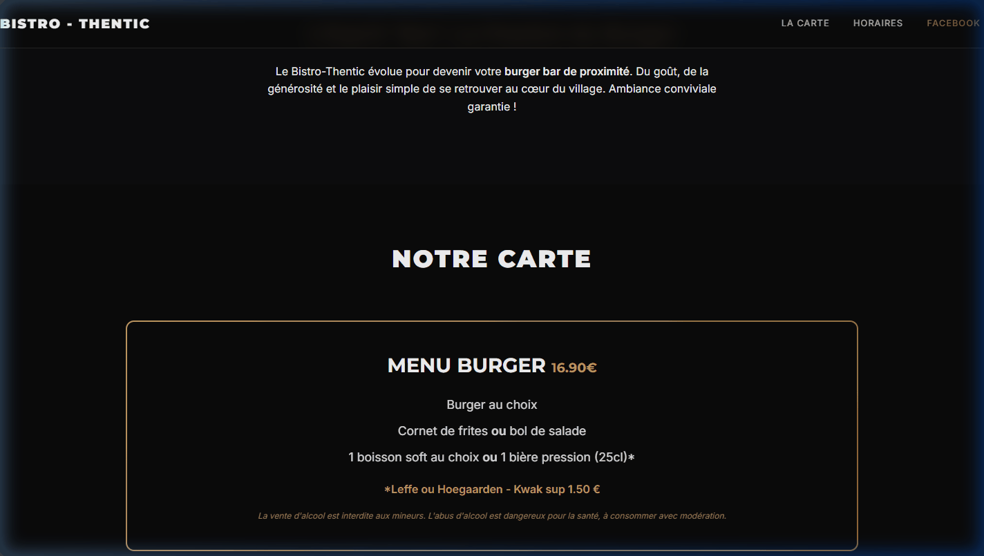 La carte du restaurant sur le site Bistro-Thentic.