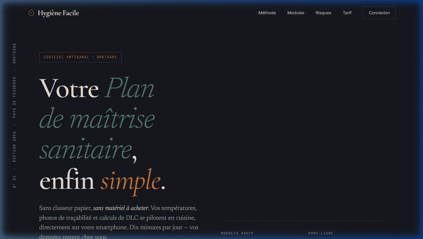 Page d'accueil du site HygièneFacile : « Votre Plan de maîtrise sanitaire, enfin simple. »