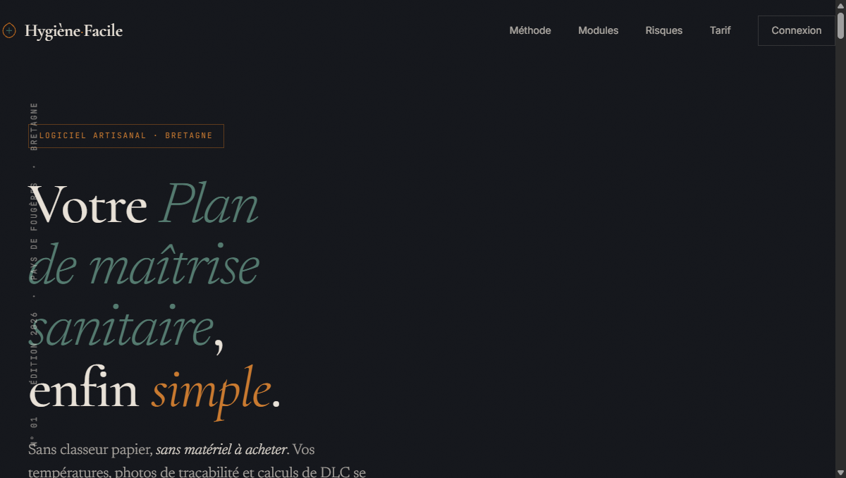 Page d'accueil du site hygienefacile.fr : « Votre Plan de maîtrise sanitaire, enfin simple. »
