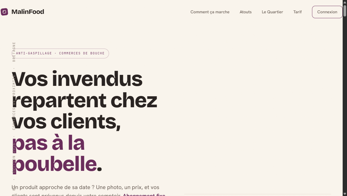 Page d'accueil du site malinfood.fr : « Vos invendus repartent chez vos clients, pas à la poubelle. »