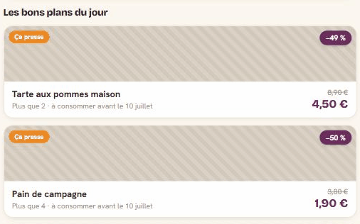 Vitrine MalinFood en ligne : cartes promo animées avec prix barrés et prix réduits (Tarte aux pommes maison, Pain de campagne).